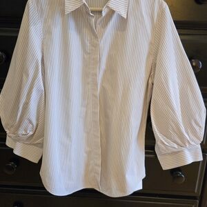 Lafayette 148 New York White and Light Blue Striped Dress Shirt